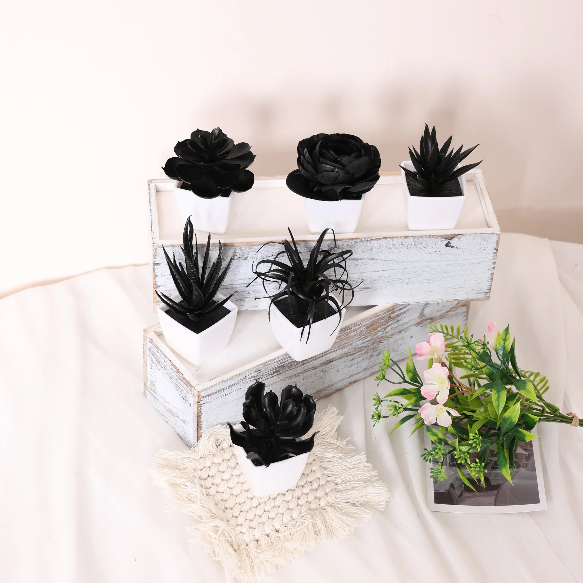 Black Faux Succulent in Geometric Pot – Minimalist Artificial Plant for Desk, Shelf & Modern Decor