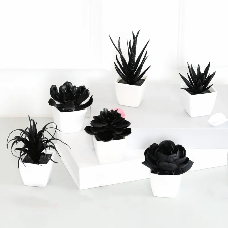 Black Faux Succulent in Geometric Pot – Minimalist Artificial Plant for Desk, Shelf & Modern Decor