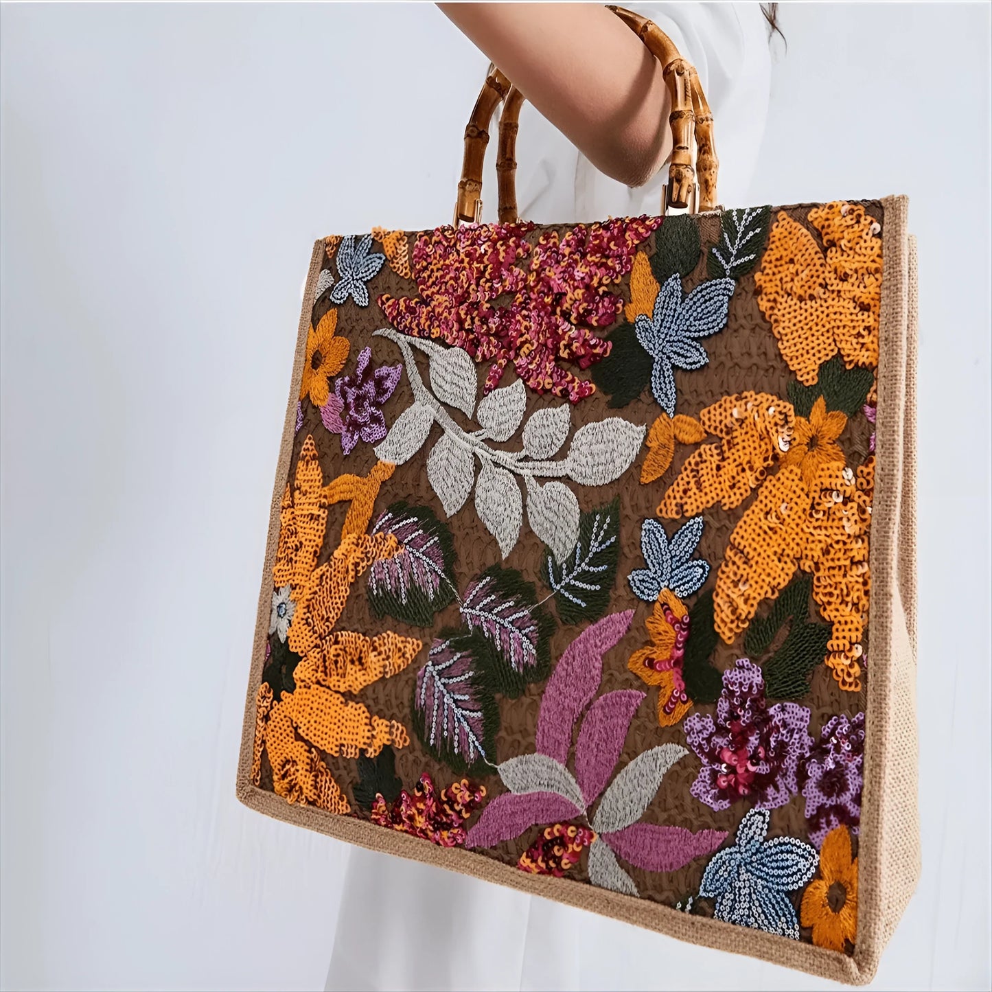 Bamboo Bead Embellished Tote Bag