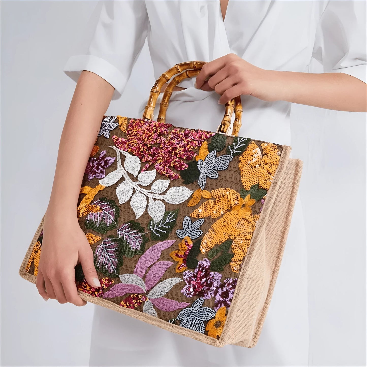 Bamboo Bead Embellished Tote Bag